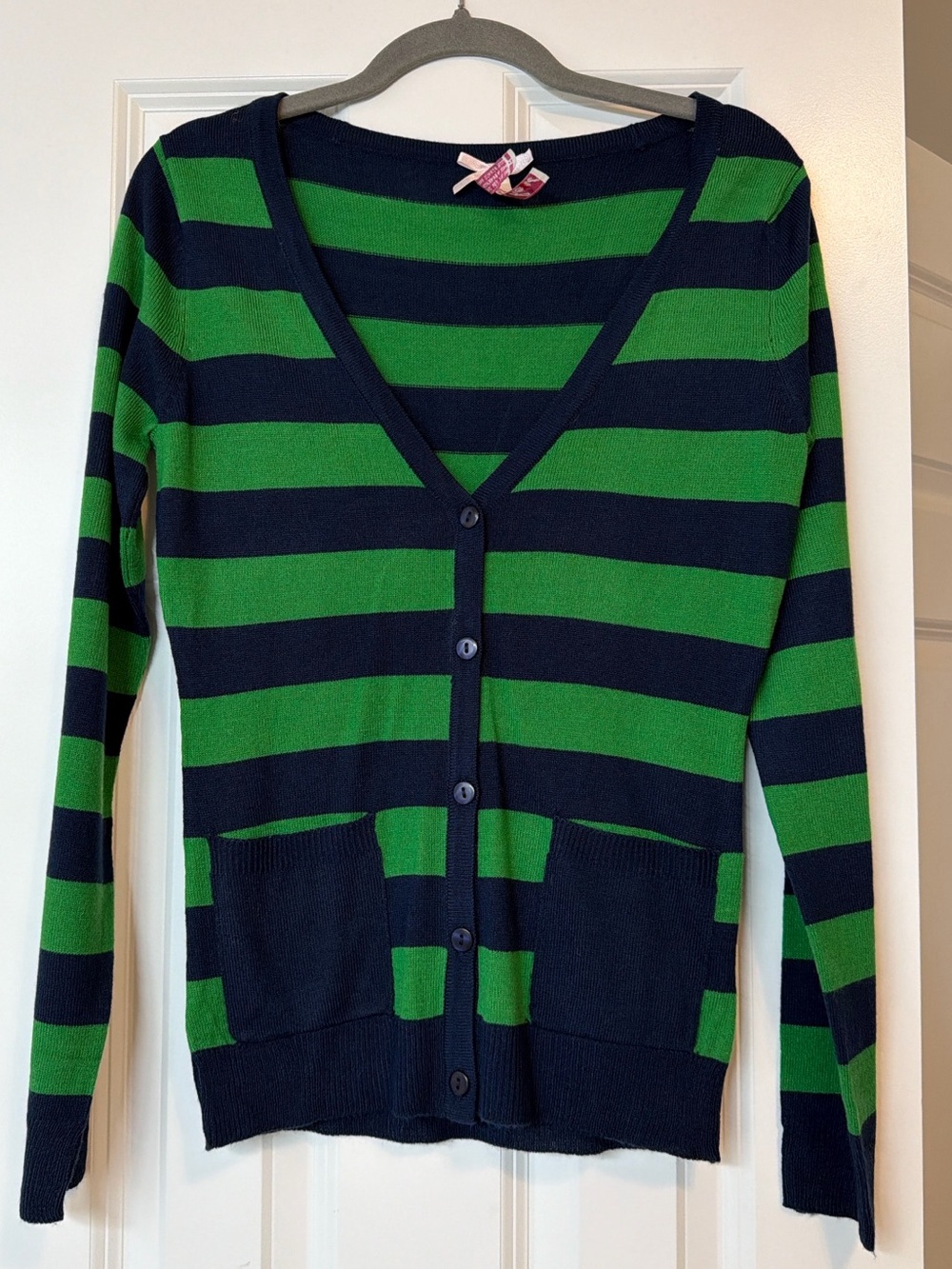 Derek Heart Navy and Green Striped V‑Neck Button Cardigan